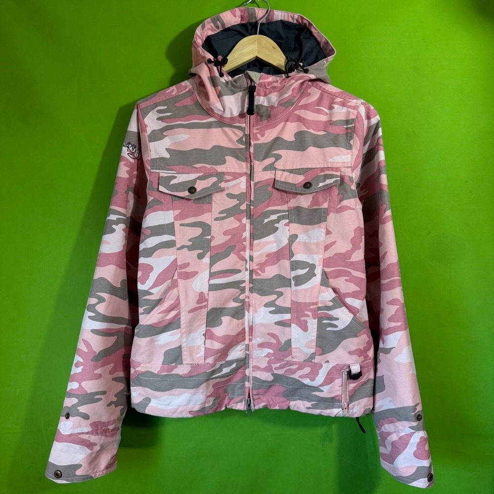 Y2K Roxy Snow 5000 Pink Camo Hooded Ski Jacket Women XS VTG Back Zip Up